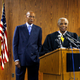 Judge Damon Keith (right) gets ready to swear in former Detroit Pistons star Dave Bing as the new Mayor of Detroit on May 11, 2009, in Detroit.
Bill Pugliano/Getty Images